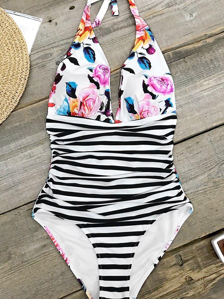 Stripe Halter And Bold Floral One Piece Swimsuit - Swimsuits - INS | Online Fashion Free Shipping Clothing, Dresses, Tops, Shoes - 09/04/2021 - Colour_Multicolor - Floral