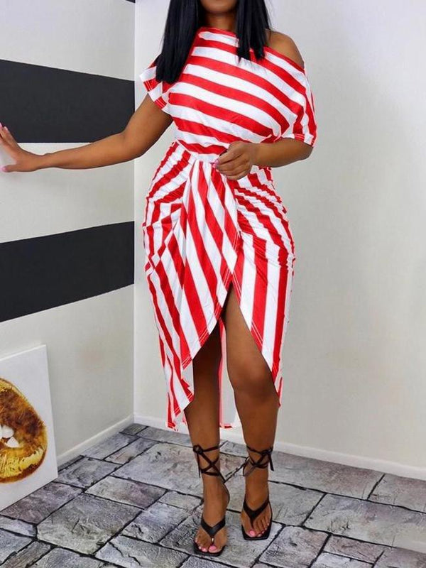 Stripe Irregular One Shoulder Midi Dress - Midi Dresses - INS | Online Fashion Free Shipping Clothing, Dresses, Tops, Shoes - 14/04/2021 - Color_Black - Color_Red