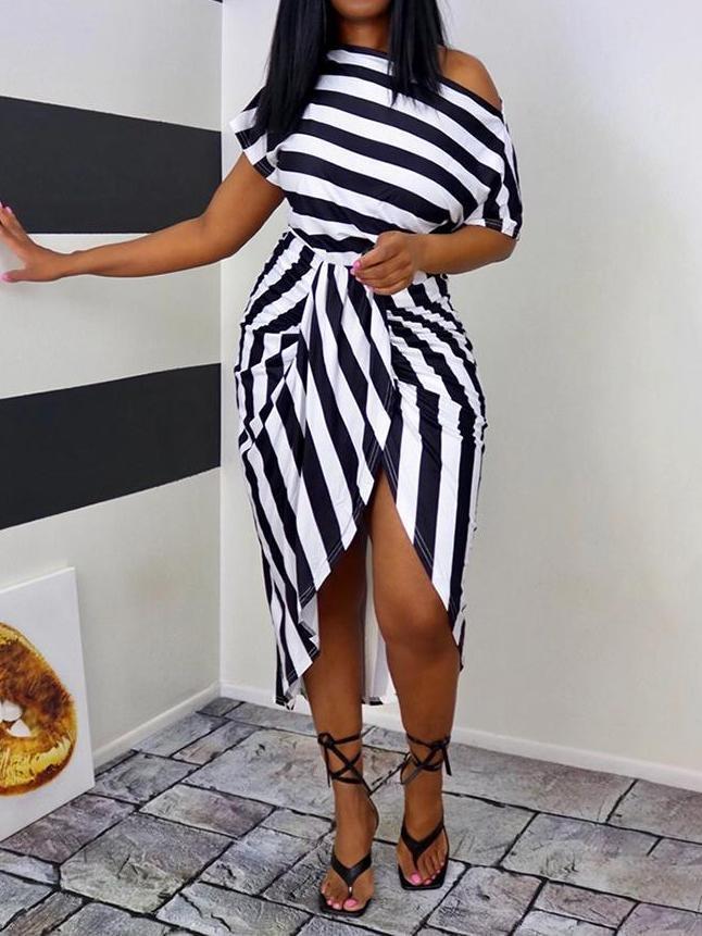 Stripe Irregular One Shoulder Midi Dress - Midi Dresses - INS | Online Fashion Free Shipping Clothing, Dresses, Tops, Shoes - 14/04/2021 - Color_Black - Color_Red