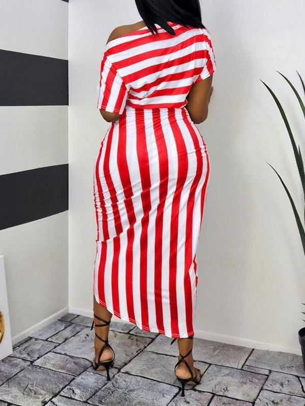 Stripe Irregular One Shoulder Midi Dress - Midi Dresses - INS | Online Fashion Free Shipping Clothing, Dresses, Tops, Shoes - 14/04/2021 - Color_Black - Color_Red