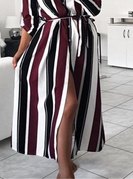 Striped Button Belt Long Sleeve Shirt Dress - Maxi Dresses - INS | Online Fashion Free Shipping Clothing, Dresses, Tops, Shoes - 03/07/2021 - 20-30 - Category_Maxi Dresses