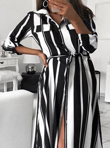 Striped Button Belt Long Sleeve Shirt Dress - Maxi Dresses - INS | Online Fashion Free Shipping Clothing, Dresses, Tops, Shoes - 03/07/2021 - 20-30 - Category_Maxi Dresses