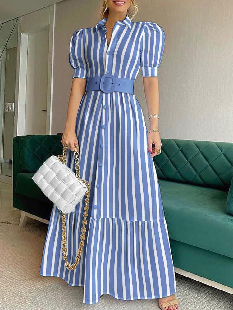 Striped Button Front Puff Sleeve Shirt Dress - Maxi Dresses - INS | Online Fashion Free Shipping Clothing, Dresses, Tops, Shoes - 30/04/2021 - Color_ Blue - DRE210430097