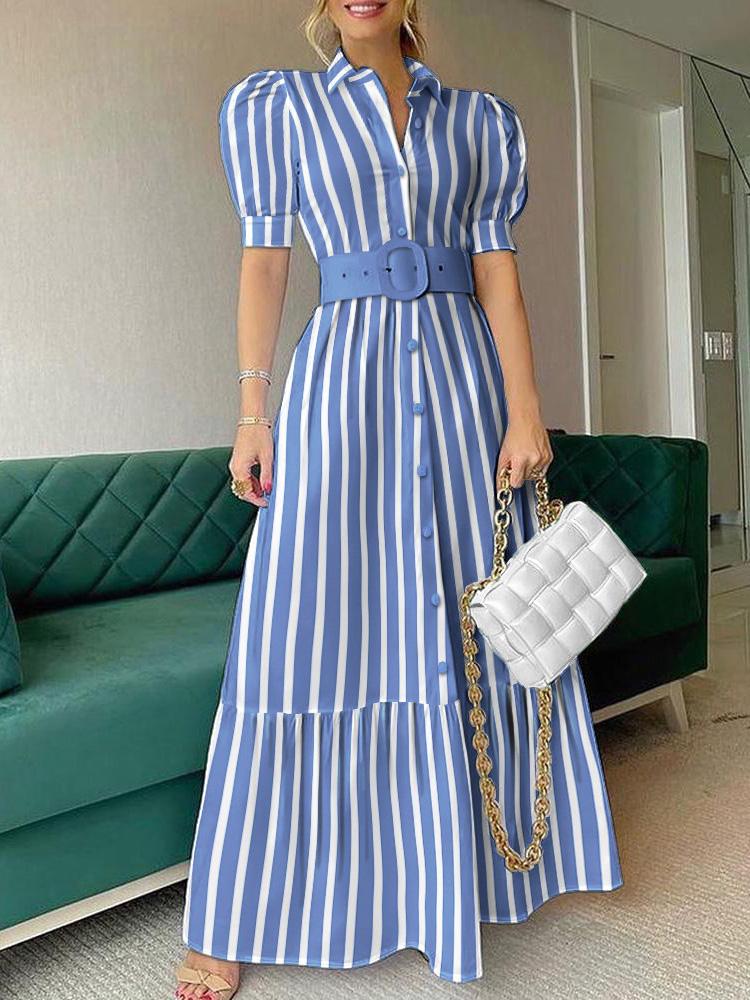 Striped Button Front Puff Sleeve Shirt Dress - Maxi Dresses - INS | Online Fashion Free Shipping Clothing, Dresses, Tops, Shoes - 30/04/2021 - Color_ Blue - DRE210430097