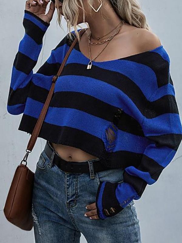 Striped Distressed Drop Shoulder Crop Sweater - Sweaters - INS | Online Fashion Free Shipping Clothing, Dresses, Tops, Shoes - 02/08/2021 - Autumn - Blue