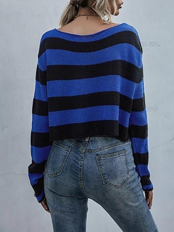 Striped Distressed Drop Shoulder Crop Sweater - Sweaters - INS | Online Fashion Free Shipping Clothing, Dresses, Tops, Shoes - 02/08/2021 - Autumn - Blue