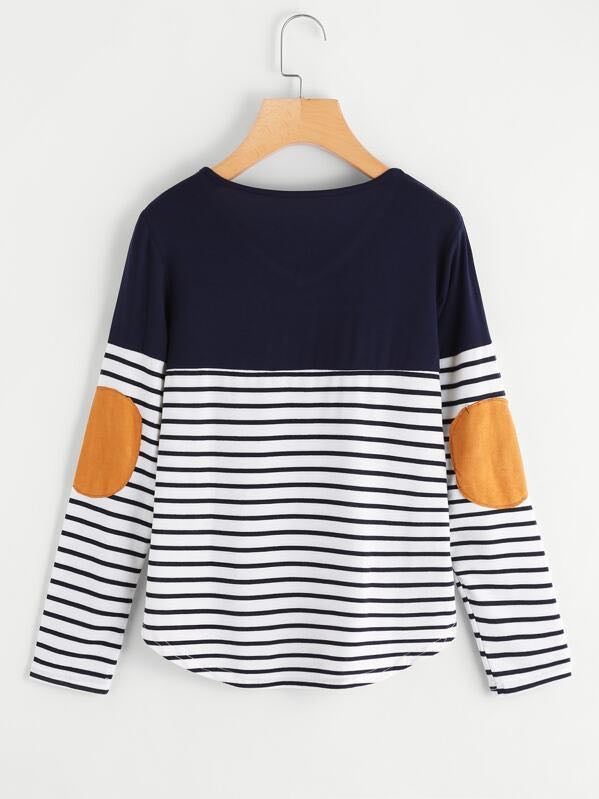 Striped Elbow Patch Curved Hem T-shirt - INS | Online Fashion Free Shipping Clothing, Dresses, Tops, Shoes