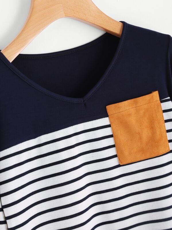 Striped Elbow Patch Curved Hem T-shirt - INS | Online Fashion Free Shipping Clothing, Dresses, Tops, Shoes