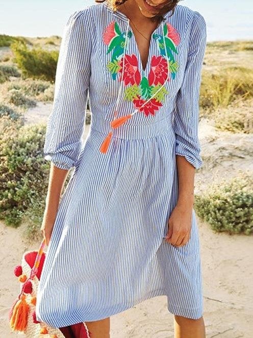 Striped Embroidered V Neck 3/4 Sleeve Dress - Mini Dresses - INS | Online Fashion Free Shipping Clothing, Dresses, Tops, Shoes - 14/07/2021 - 30-40 - color-blue