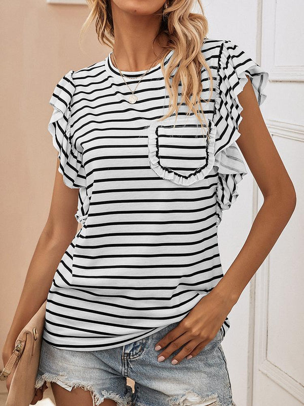 Striped Frill Trim Pocket Round Neck Tee - T-Shirts - INS | Online Fashion Free Shipping Clothing, Dresses, Tops, Shoes - 24/04/2021 - Color_ White - Season_Summer