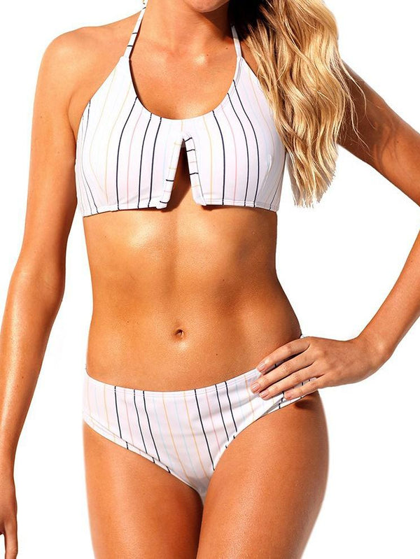 Striped Halterneck Detachable Low Waist Triangle Split Swimsuit