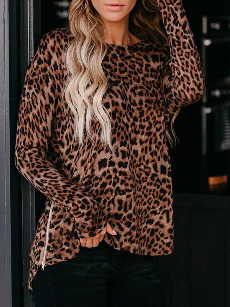 Striped Leopard Crew Neck Long-sleeved T-shirt - T-shirts - INS | Online Fashion Free Shipping Clothing, Dresses, Tops, Shoes - 20-30 - 22/06/2021 - color-black