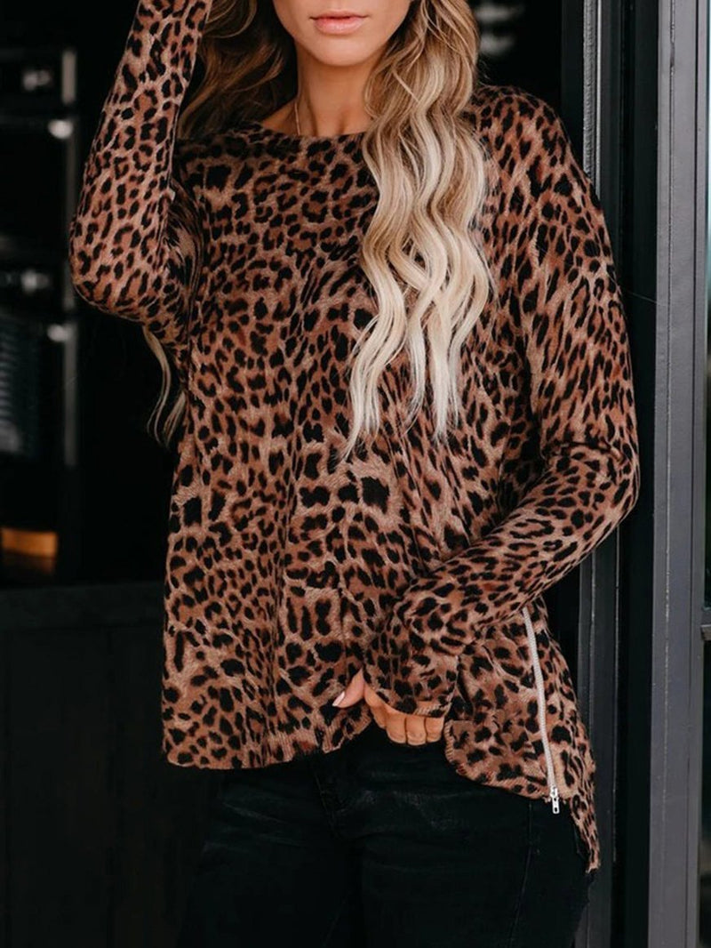 Striped Leopard Crew Neck Long-sleeved T-shirt - T-shirts - INS | Online Fashion Free Shipping Clothing, Dresses, Tops, Shoes - 20-30 - 22/06/2021 - color-black