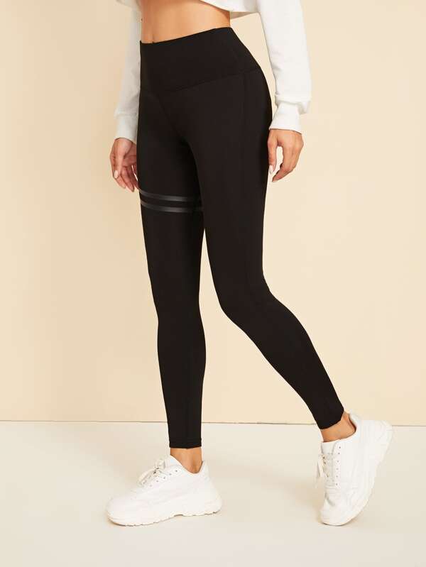 Striped Panel Wide Band Waist Leggings - INS | Online Fashion Free Shipping Clothing, Dresses, Tops, Shoes