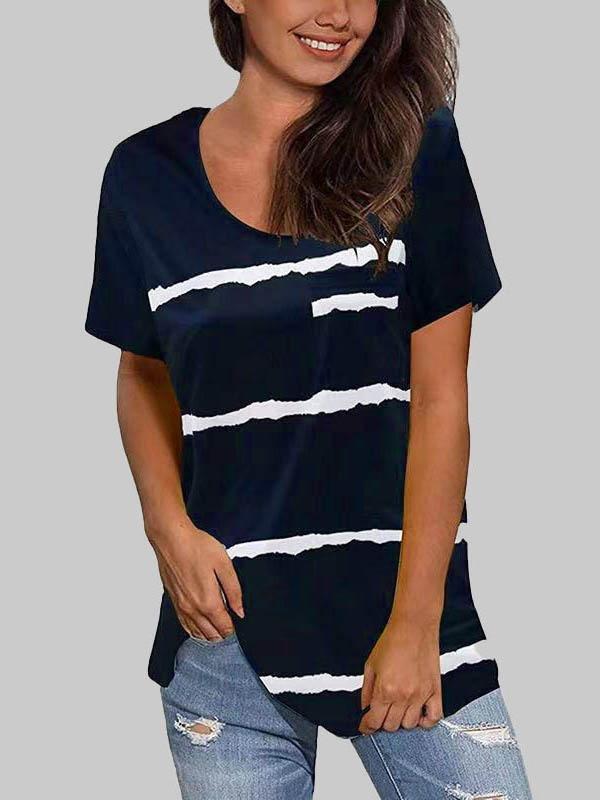 Striped Print Round Neck T-shirt - T-shirts - INS | Online Fashion Free Shipping Clothing, Dresses, Tops, Shoes - 03/06/2021 - Color_Blue - Color_Gray