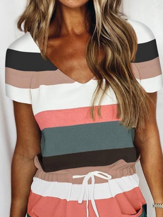 Striped Print Short Sleeve V-Neck Tie Dress - Mini Dresses - INS | Online Fashion Free Shipping Clothing, Dresses, Tops, Shoes - 17/06/2021 - 30-40 - Category_Mini Dresses