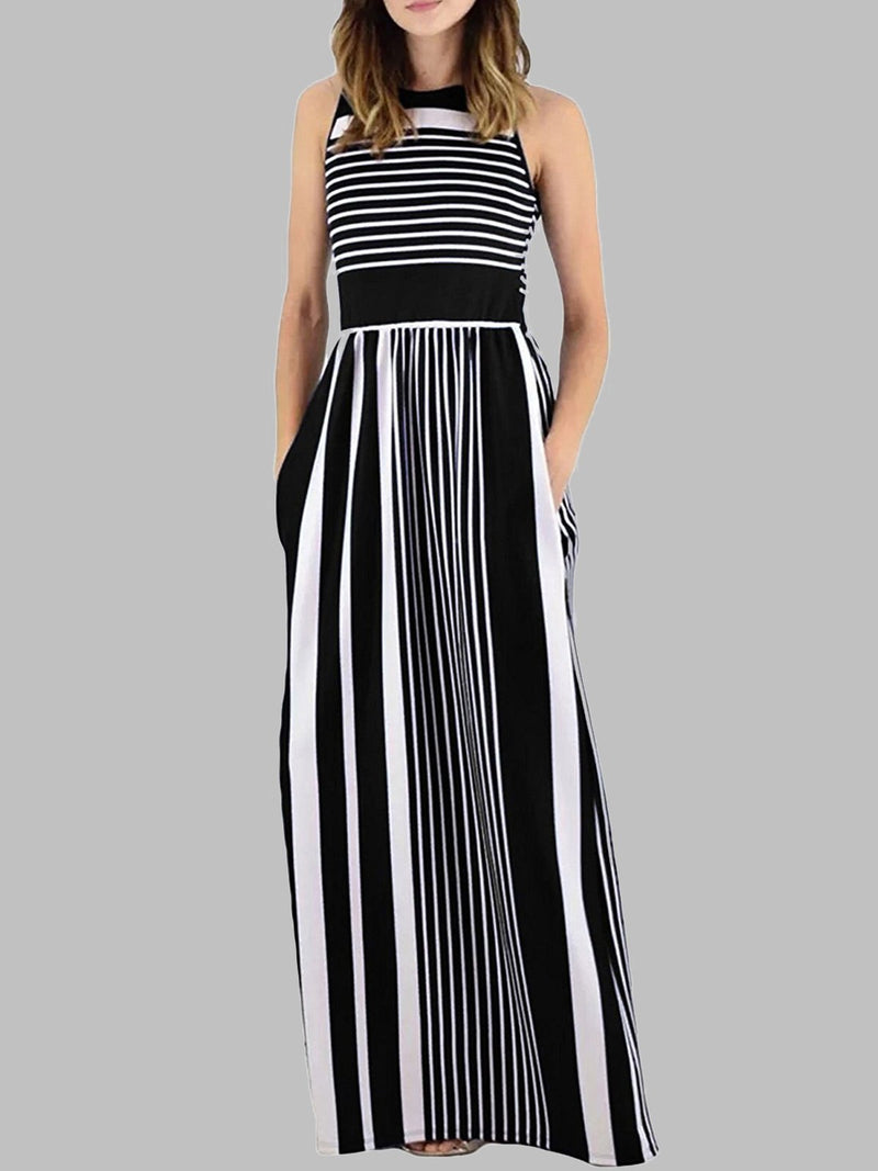 Striped Print Sleeveless Round Neck Dress - Maxi Dresses - INS | Online Fashion Free Shipping Clothing, Dresses, Tops, Shoes - 06/07/2021 - 20-30 - color-black