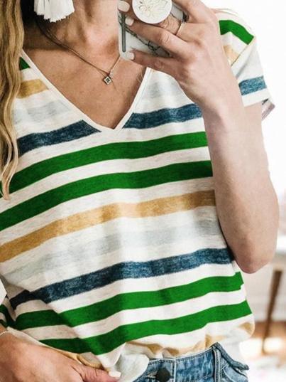 Striped Printed V-Neck Short Sleeve Casual T-Shirt - T-Shirts - INS | Online Fashion Free Shipping Clothing, Dresses, Tops, Shoes - 10-20 - 22/06/2021 - Category_T-Shirts