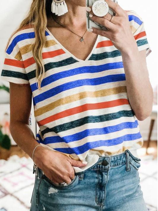 Striped Printed V-Neck Short Sleeve Casual T-Shirt - T-Shirts - INS | Online Fashion Free Shipping Clothing, Dresses, Tops, Shoes - 10-20 - 22/06/2021 - Category_T-Shirts