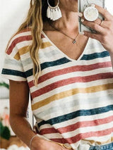 Striped Printed V-Neck Short Sleeve Casual T-Shirt - T-Shirts - INS | Online Fashion Free Shipping Clothing, Dresses, Tops, Shoes - 10-20 - 22/06/2021 - Category_T-Shirts