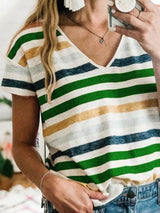 Striped Printed V-Neck Short Sleeve Casual T-Shirt - T-Shirts - INS | Online Fashion Free Shipping Clothing, Dresses, Tops, Shoes - 10-20 - 22/06/2021 - Category_T-Shirts