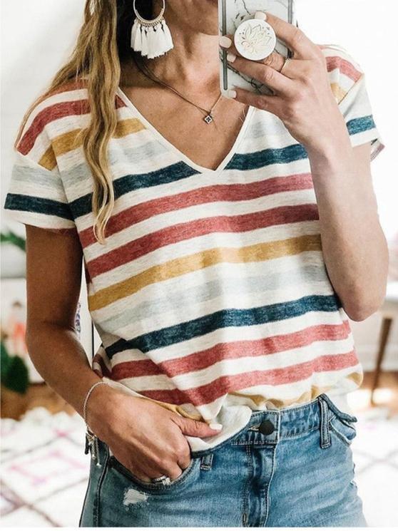 Striped Printed V-Neck Short Sleeve Casual T-Shirt - T-Shirts - INS | Online Fashion Free Shipping Clothing, Dresses, Tops, Shoes - 10-20 - 22/06/2021 - Category_T-Shirts