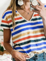 Striped Printed V-Neck Short Sleeve Casual T-Shirt - T-Shirts - INS | Online Fashion Free Shipping Clothing, Dresses, Tops, Shoes - 10-20 - 22/06/2021 - Category_T-Shirts