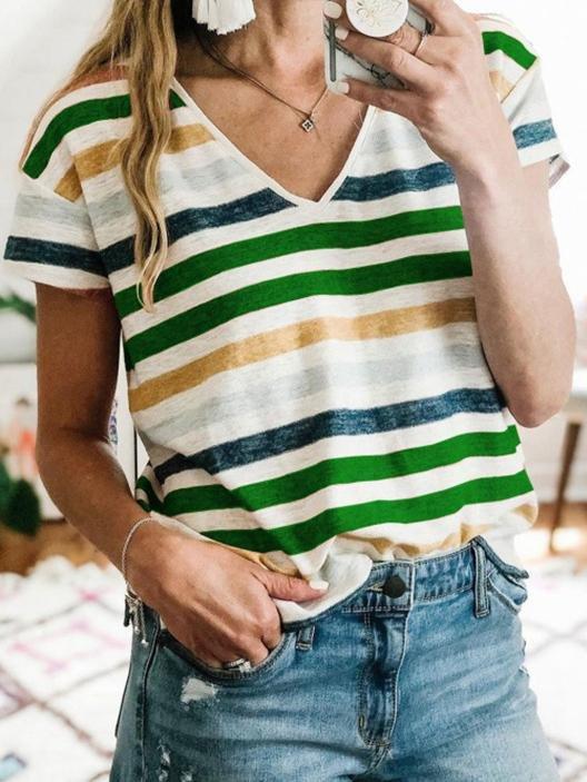 Striped Printed V-Neck Short Sleeve Casual T-Shirt - T-Shirts - INS | Online Fashion Free Shipping Clothing, Dresses, Tops, Shoes - 10-20 - 22/06/2021 - Category_T-Shirts