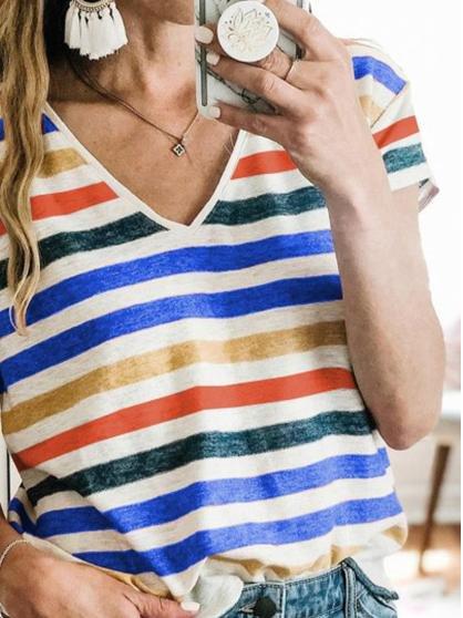 Striped Printed V-Neck Short Sleeve Casual T-Shirt - T-Shirts - INS | Online Fashion Free Shipping Clothing, Dresses, Tops, Shoes - 10-20 - 22/06/2021 - Category_T-Shirts