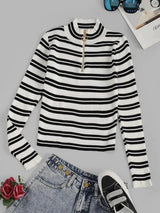 Striped Ribbed Half Zip Jumper Sweater - INS | Online Fashion Free Shipping Clothing, Dresses, Tops, Shoes