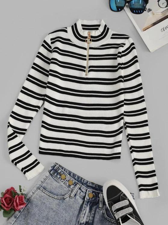 Striped Ribbed Half Zip Jumper Sweater - INS | Online Fashion Free Shipping Clothing, Dresses, Tops, Shoes