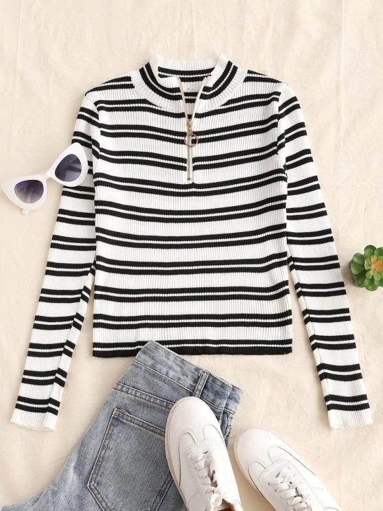 Striped Ribbed Half Zip Jumper Sweater - INS | Online Fashion Free Shipping Clothing, Dresses, Tops, Shoes