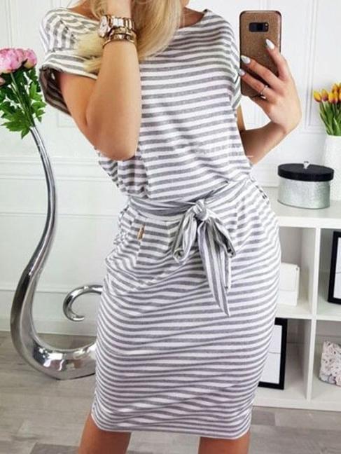 Striped Round Neck Short Sleeve Dress - Mini Dresses - INS | Online Fashion Free Shipping Clothing, Dresses, Tops, Shoes - 10-20 - 17/06/2021 - color-black