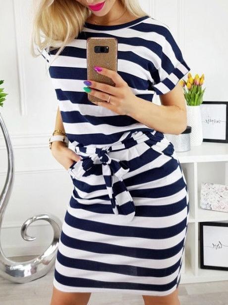 Striped Round Neck Short Sleeve Dress - Mini Dresses - INS | Online Fashion Free Shipping Clothing, Dresses, Tops, Shoes - 10-20 - 17/06/2021 - color-black