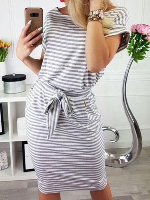 Striped Round Neck Short Sleeve Dress - Mini Dresses - INS | Online Fashion Free Shipping Clothing, Dresses, Tops, Shoes - 10-20 - 17/06/2021 - color-black