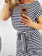 Striped Round Neck Short Sleeve Dress - Mini Dresses - INS | Online Fashion Free Shipping Clothing, Dresses, Tops, Shoes - 10-20 - 17/06/2021 - color-black