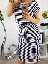 Striped Round Neck Short Sleeve Dress - Mini Dresses - INS | Online Fashion Free Shipping Clothing, Dresses, Tops, Shoes - 10-20 - 17/06/2021 - color-black