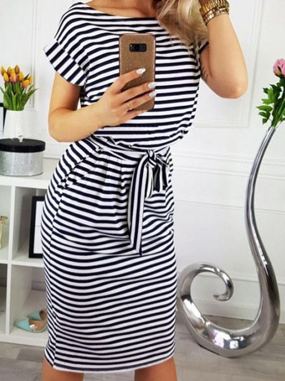 Striped Round Neck Short Sleeve Dress - Mini Dresses - INS | Online Fashion Free Shipping Clothing, Dresses, Tops, Shoes - 10-20 - 17/06/2021 - color-black