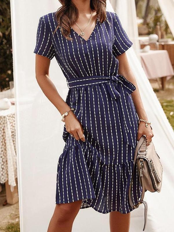 Striped Ruffle Hem Belted Dress - Midi Dresses - INS | Online Fashion Free Shipping Clothing, Dresses, Tops, Shoes - 01/30/2021 - 30/01/2021 - Blue