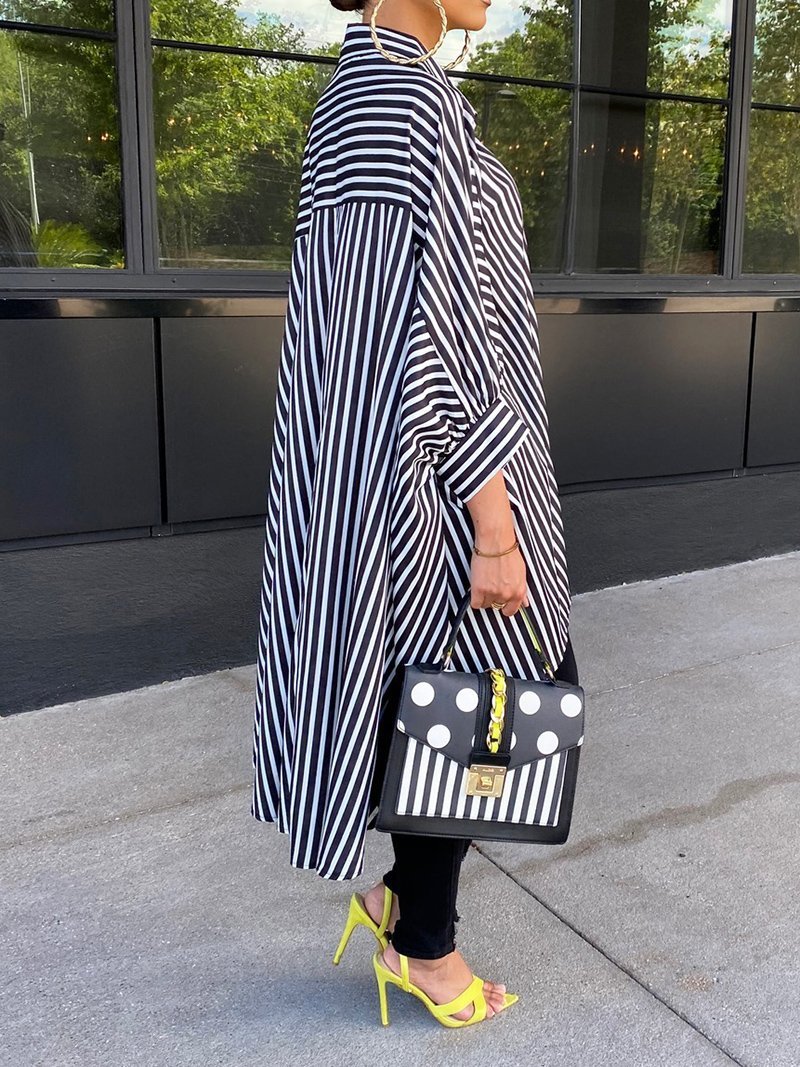 Striped Shirt Loose Over Size Long Shirt Coat - Blouses - INS | Online Fashion Free Shipping Clothing, Dresses, Tops, Shoes - 06//04/2021 - 2XL - Black