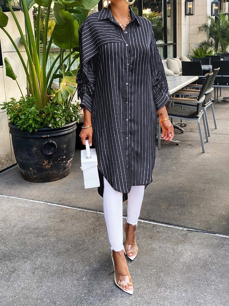 Striped Shirt Loose Over Size Long Shirt Coat - Blouses - INS | Online Fashion Free Shipping Clothing, Dresses, Tops, Shoes - 06//04/2021 - 2XL - Black