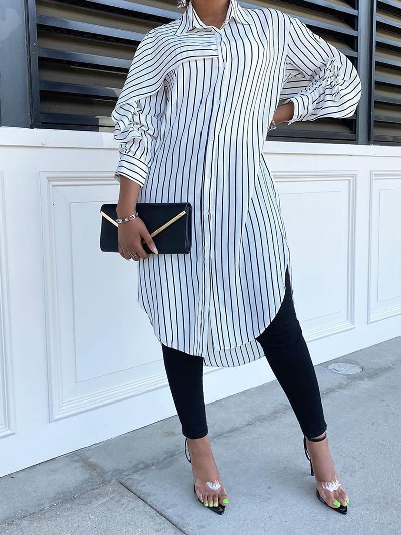 Striped Shirt Loose Over Size Long Shirt Coat - Blouses - INS | Online Fashion Free Shipping Clothing, Dresses, Tops, Shoes - 06//04/2021 - 2XL - Black