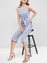 Striped Sleeveless Capri Jumpsuit - Bottoms - INS | Online Fashion Free Shipping Clothing, Dresses, Tops, Shoes - 02/07/2021 - Blue - Bottoms