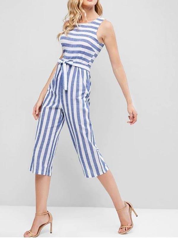 Striped Sleeveless Capri Jumpsuit - Bottoms - INS | Online Fashion Free Shipping Clothing, Dresses, Tops, Shoes - 02/07/2021 - Blue - Bottoms