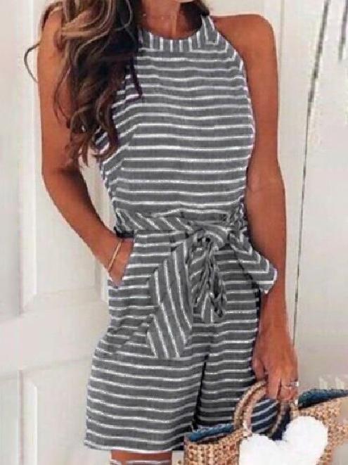 Striped Sleeveless Casual Jumpsuit With Bow Tie - Jumpsuits & Rompers - INS | Online Fashion Free Shipping Clothing, Dresses, Tops, Shoes - 01/07/2021 - 20-30 - Bottoms