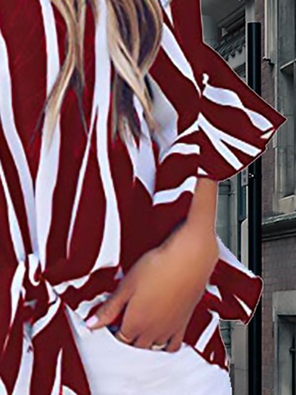 Striped Three-quarter Sleeve Print Knotted Pullover Blouse - Blouses - INS | Online Fashion Free Shipping Clothing, Dresses, Tops, Shoes - 10-20 - 22/07/2021 - BLO2107221252