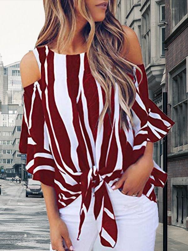 Striped Three-quarter Sleeve Print Knotted Pullover Blouse - Blouses - INS | Online Fashion Free Shipping Clothing, Dresses, Tops, Shoes - 10-20 - 22/07/2021 - BLO2107221252