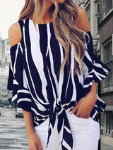 Striped Three-quarter Sleeve Print Knotted Pullover Blouse - Blouses - INS | Online Fashion Free Shipping Clothing, Dresses, Tops, Shoes - 10-20 - 22/07/2021 - BLO2107221252