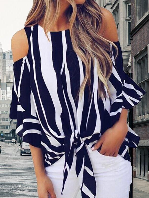 Striped Three-quarter Sleeve Print Knotted Pullover Blouse - Blouses - INS | Online Fashion Free Shipping Clothing, Dresses, Tops, Shoes - 10-20 - 22/07/2021 - BLO2107221252