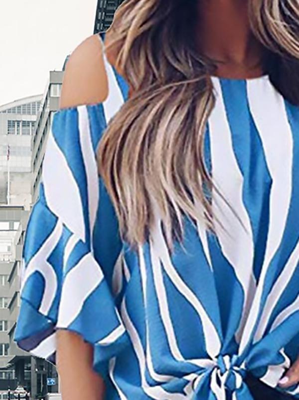 Striped Three-quarter Sleeve Print Knotted Pullover Blouse - Blouses - INS | Online Fashion Free Shipping Clothing, Dresses, Tops, Shoes - 10-20 - 22/07/2021 - BLO2107221252